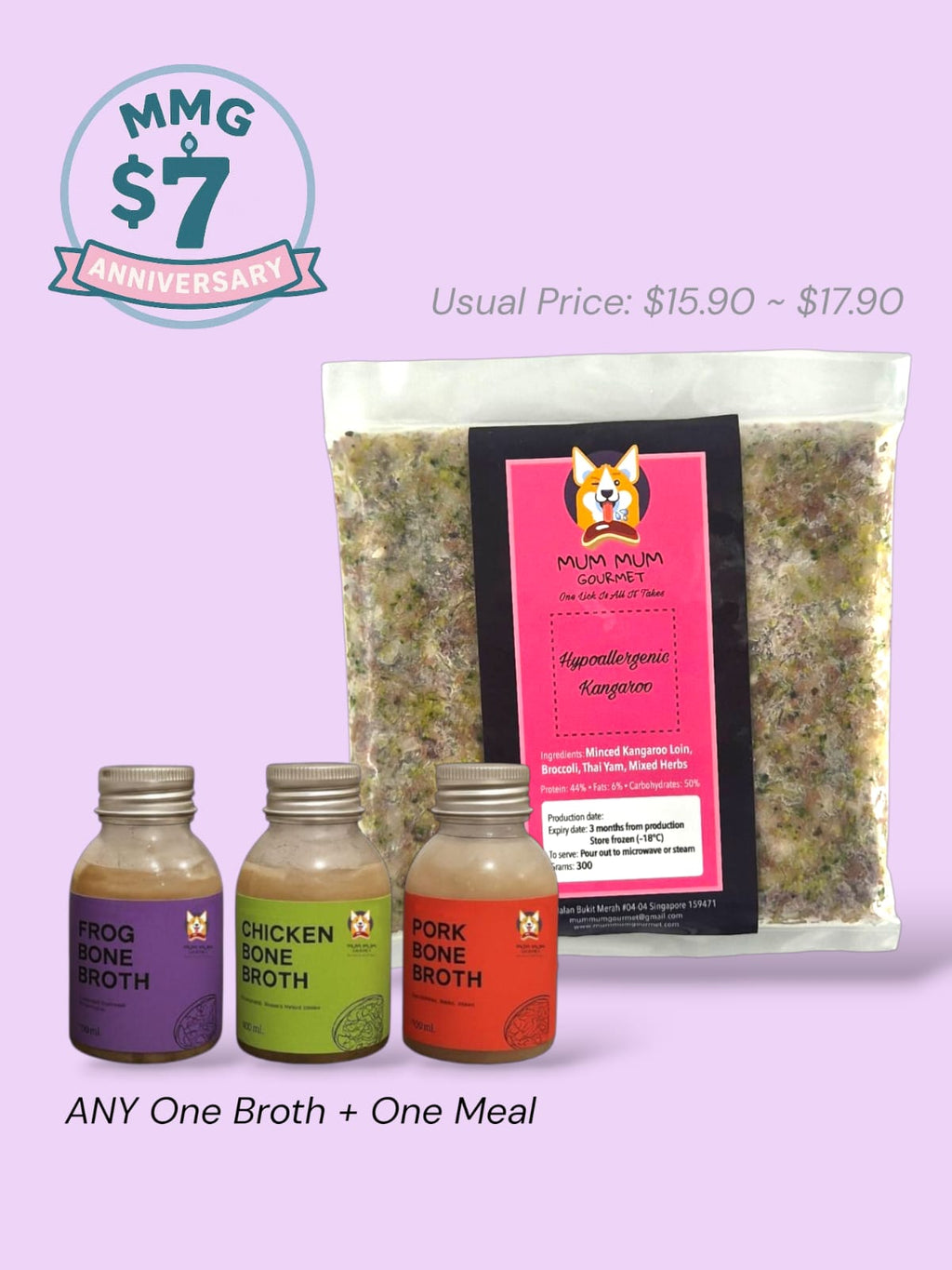Hypoallergenic Kangaroo 150g x 1 + 1 Broth (Pork,Chicken,Frog)